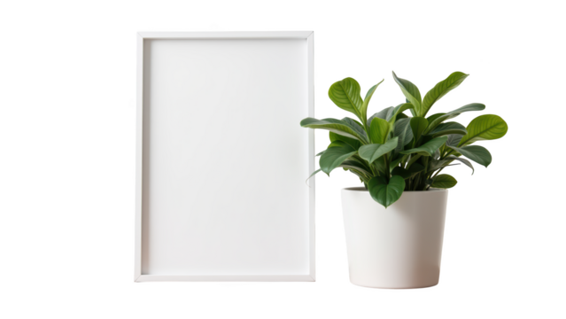 Minimalist plant display with blank frame and potted green plant, creating fresh and modern aesthetic