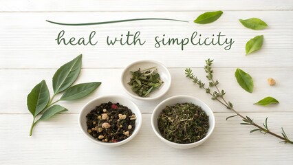 Flat Lay of Dried Herbs and Green Tea Leaves in White Bowls