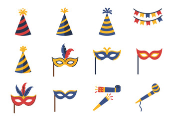 Festive Carnival Party Hats, Masks & Decorations Vector Set