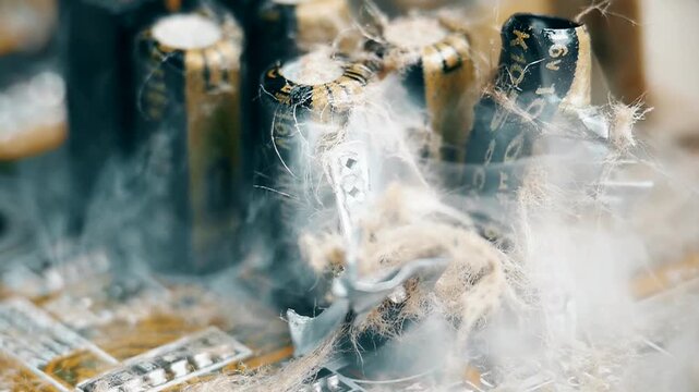 Overheating electronic components releasing white smoke on a turquoise printed circuit board. Computer failure, short circuit, and hardware damage concept. Industrial electronics breakdown