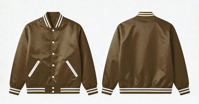 Dark Brown and White Varsity Baseball Jacket Front and Back View on White Background