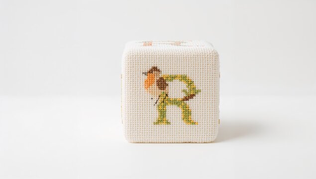 Child's needlepoint letter R block featuring a robin, suitable for educational purposes