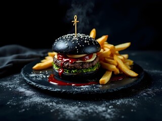 Photorealistic still life of a meticulously crafted black charcoal burger on a dark slate plate