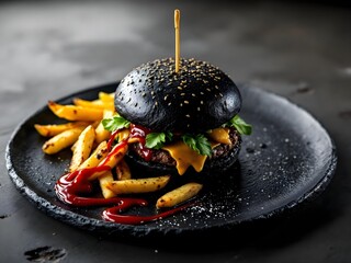 Photorealistic still life of a meticulously crafted black charcoal burger on a dark slate plate