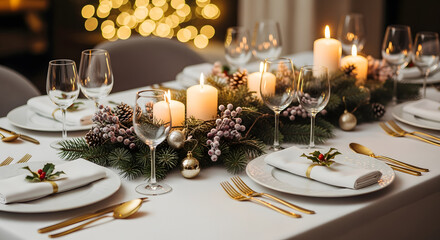 Fototapeta premium Elegant Christmas dinner table setting with festive decorations, glowing candles, and golden cutlery for a holiday celebration