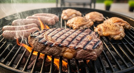 Delicious Assortment of Meats Grilling Over Open Flames on a Barbecue.