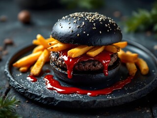 Photorealistic still life of a meticulously crafted black charcoal burger on a dark slate plate