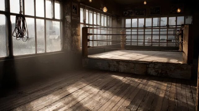 Empty Boxing Ring in Dimly Lit Gym with Wooden Floor and Large Windows Casting Light Beams Creating an Atmospheric Scene with Hanging Ropes and Nostalgic Tone