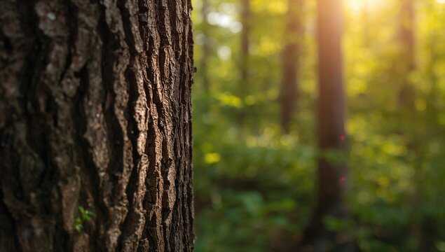 A close-up view of a tree trunk illuminated by sunlight, showcasing natural texture and seasonal change