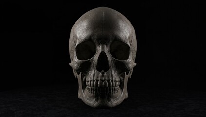 Close-up view of a human skull against a dark background, highlighting themes of mortality and isolation