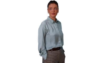 Confident businesswoman with hands in pockets smiling, looking away, standing on transparent background