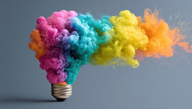 Vibrant photo of light bulb with colorful smoke coming out, concept for creative idea