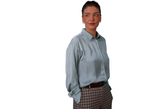 Confident businesswoman with hands in pockets smiling, looking away, standing on transparent background