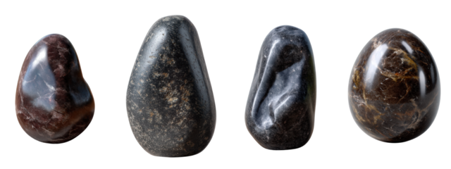 Four natural dark smooth stones. Polished texture, unique organic shapes, isolated on a pristine white background, evoking serene beauty and a calming aesthetic
