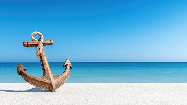 Wooden anchor with rope resting on a tranquil beach under a clear blue sky, evoking a sense of calm and simplicity in nature's beauty