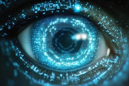 Close-up of a human eye with digital blue glowing binary code and circular data patterns surrounding the pupil, conveying advanced technology and futuristic vision