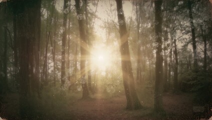 Naklejka premium Blurred abstract image featuring a light burst among trees, creating a shimmering bokeh effect, suitable for artistic backgrounds