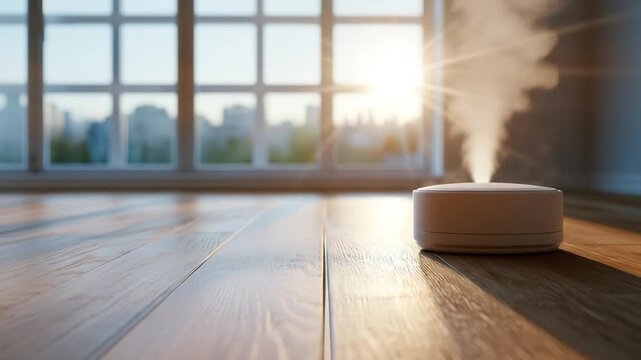 Modern aromatherapy diffuser mist sunlight home interior wooden floor