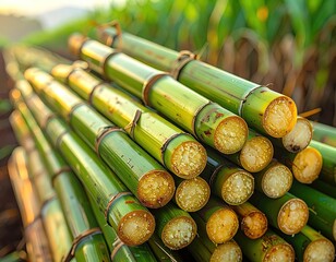 Closeup Green Bamboo Stalks Stacked Outdoors