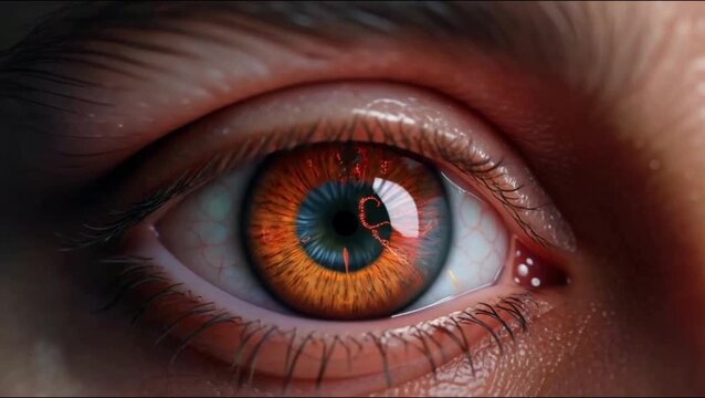 Generative AI Loop able 4K Close-up of Red Cybernetic Iris with Digital Data Animation