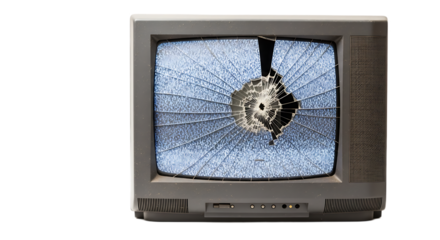 A vintage television with a shattered screen displaying static and visible damage to the display