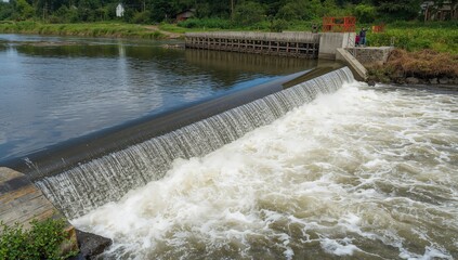 Rubber inflatable dam controlling river water flow for irrigation
