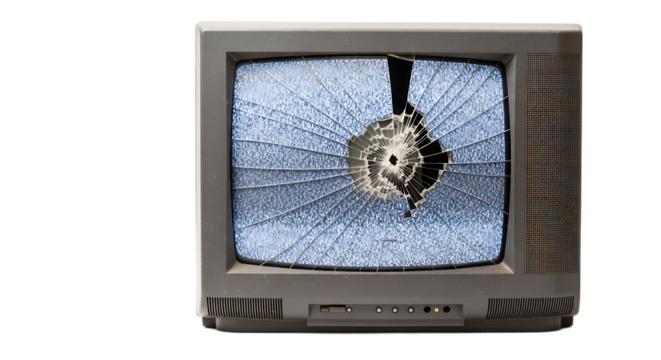A vintage television with a shattered screen displaying static and visible damage to the display