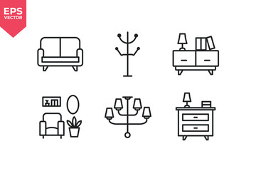 Set of line icons related to sofa, floor hanger, living room, chandelier, desk. Editable stroke. Vector illustration