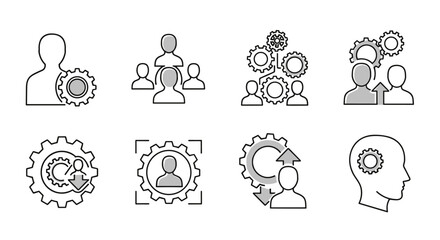 Collection of outline icons representing user interaction with gears and cogwheels, symbolizing teamwork, process, and efficiency in business and technology. Includes individual users, groups, and
