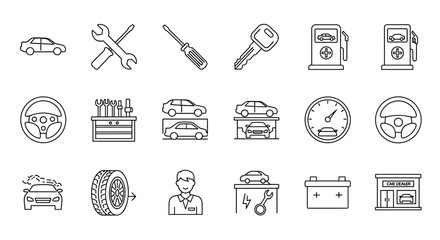 Set of editable stroke outline icons related to the vehicle and automobile industry, including cars, tools, gas station, steering wheel, tire, battery, and car dealer, isolated on a white background