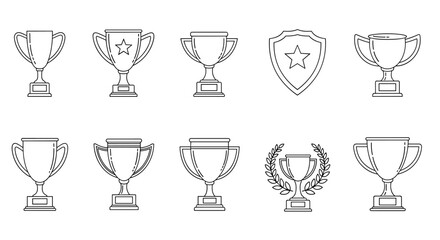 Collection of outline winning cups and shields with stars and laurel wreaths, perfect for infographics, articles, books, flyers, and banners, representing victory, achievement, and success in a clean
