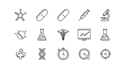 Set of 15 medical and science icons in a clean, ordered line art style on a white background, featuring a drug molecule, pills, syringe, microscope, DNA helix, flask, caduceus, stopwatch, and more