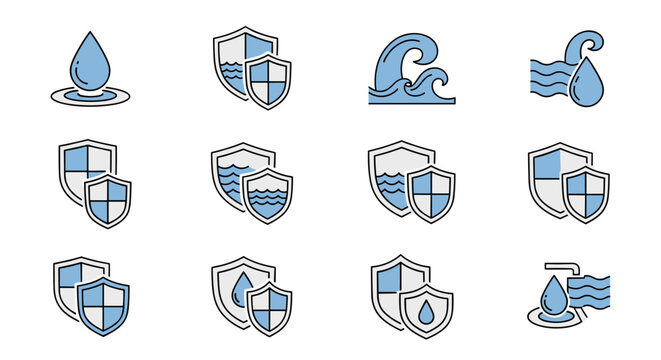 Collection of water and shield symbols for graphic design, websites, cards, books, and articles. This vector cartoon illustration features a clean white background and an ordered set of icons