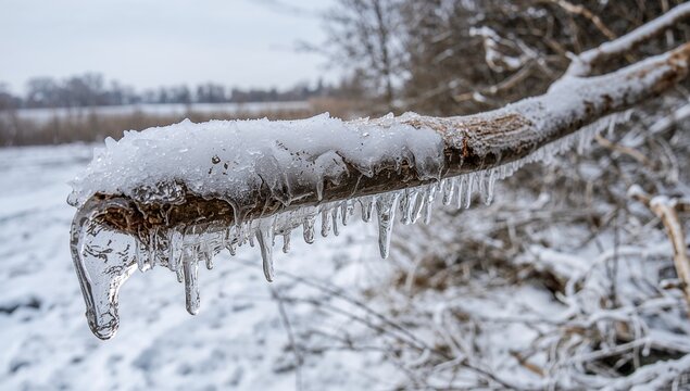Close-up of an icy tree branch in a countryside setting, highlighting the seasonal change