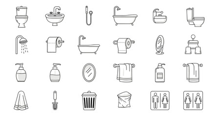 A comprehensive collection of clean and modern line art icons representing various bathroom and toilet essentials, perfect for graphic design, web development, app interfaces, and advertising