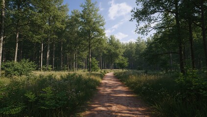 A broad dirt pathway meanders adjacent to wooded terrain, highlighting seasonal change