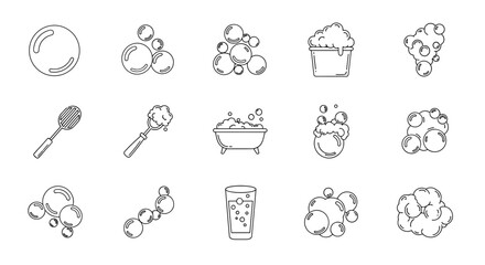 Collection of linear illustrations depicting bubbles and foam, including a single bubble, clusters of bubbles, a bucket of foam, a bathtub filled with bubbles, a glass of fizzy drink, and bubble