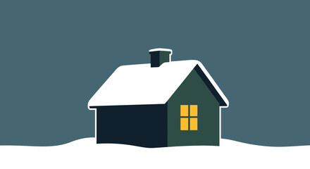 a cozy house covered in snow with a warm glowing window, set against a dark winter background

