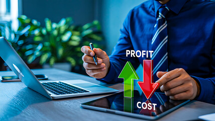 Businessman analyzing financial data aiming to increase profit and minimize operational cost using modern technology and strategy