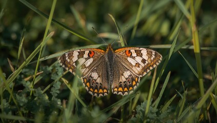 Fototapeta premium A mottled butterfly rests with its wings open on the grass, showcasing nature's delicate beauty