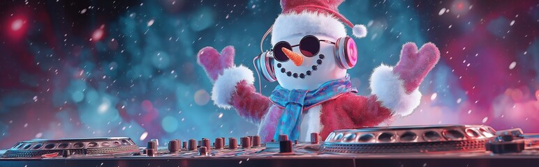 Frosty the snowman rocking out with Santa at the DJ booth in bright colors
