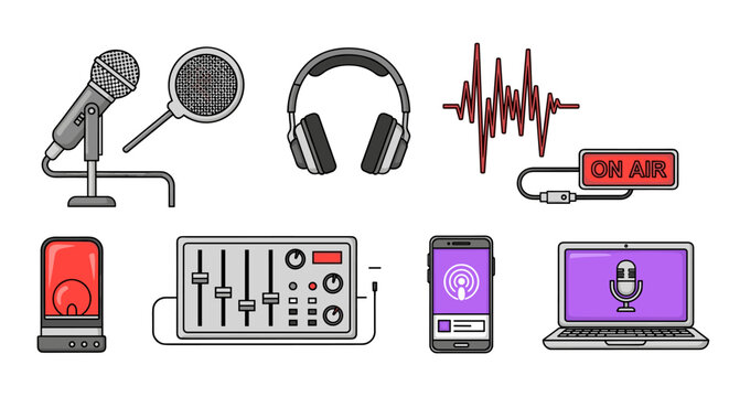 Vector cartoon illustration of podcasting equipment set on a white background, featuring microphones, headphones, audio mixer, smartphone with podcast app, laptop with microphone icon, sound wave - Powered by Adobe