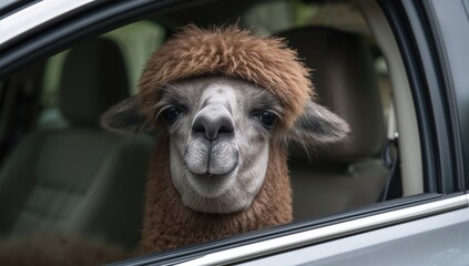 Obraz premium Llama Observing Inside a Vehicle, playful and curious interaction