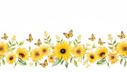 Springtime yellow daisy border adorned with leaves and butterflies, ideal for cheerful design elements