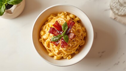 Mac and Cheese Spaghetti with Smoked Bacon served in a White Bowl, fiber-dense choice