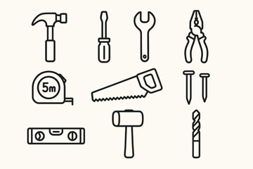 10 icons of construction/repair tools, in line art style (clean black outlines, no fill). Each icon is minimalistic, with clear lines.