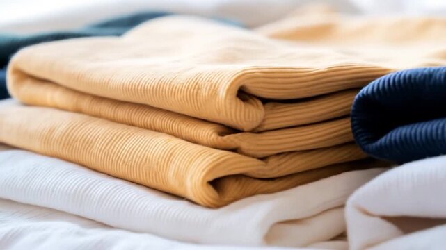 Neatly folded stack of textured fabric apparel in various colors