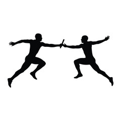 Runners passing baton in silhouette running race