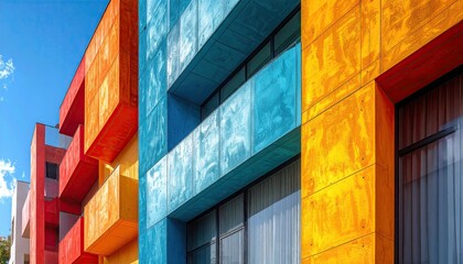 Close Up View of Three Colorful Buildings with Orange Blue and Yellow Facades Under Sunny Blue Sky