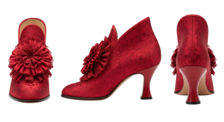 Vintage red victorian ankle boots with brocade fabric and ruffles shown in three views set